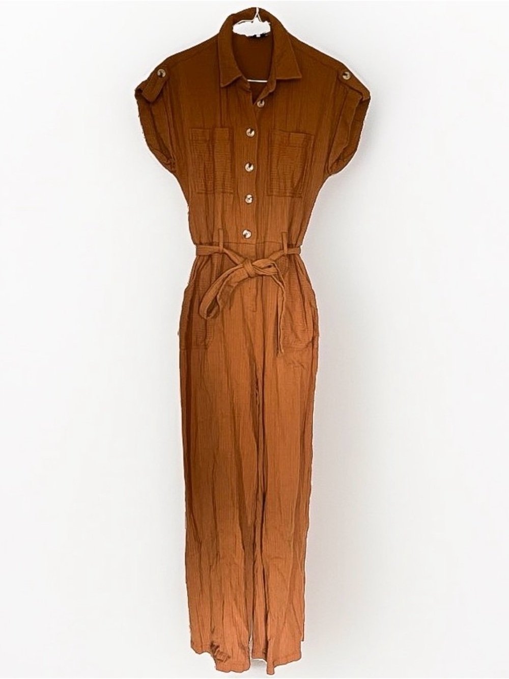 FRNCH Paris Brown Cotton Button-Front Belted Jumpsuit Pockets Women’s M